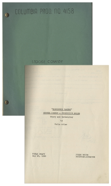 Moe Howards 25pp. Script Dated May 1950 for The Stooges Film Dont Throw That Knife, Working Title Noncensus Takers -- With Extra Page of Script Revisions & Call Sheet -- Very Good Plus